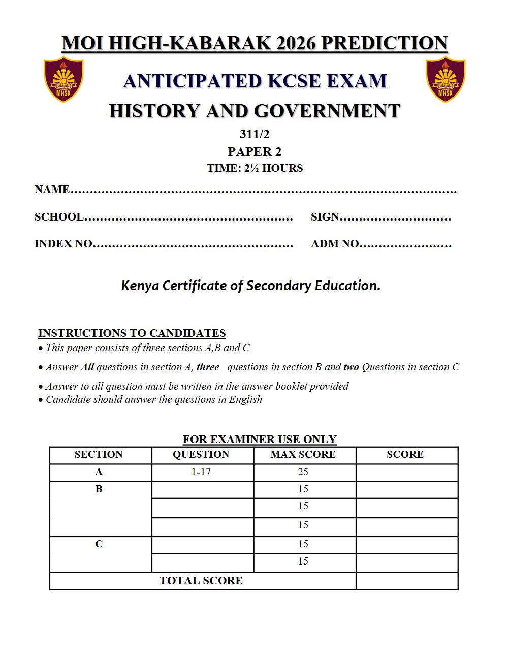 Thumbnail preview of Form 4 History and Government Paper 2 KCSE Prediction 2026_25