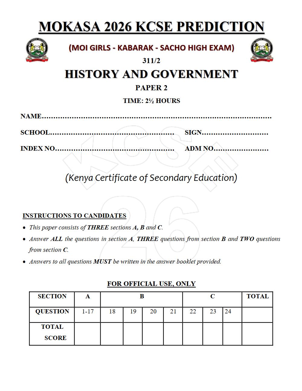 Thumbnail preview of Form 4 History and Government Paper 2 KCSE Prediction 2026_26