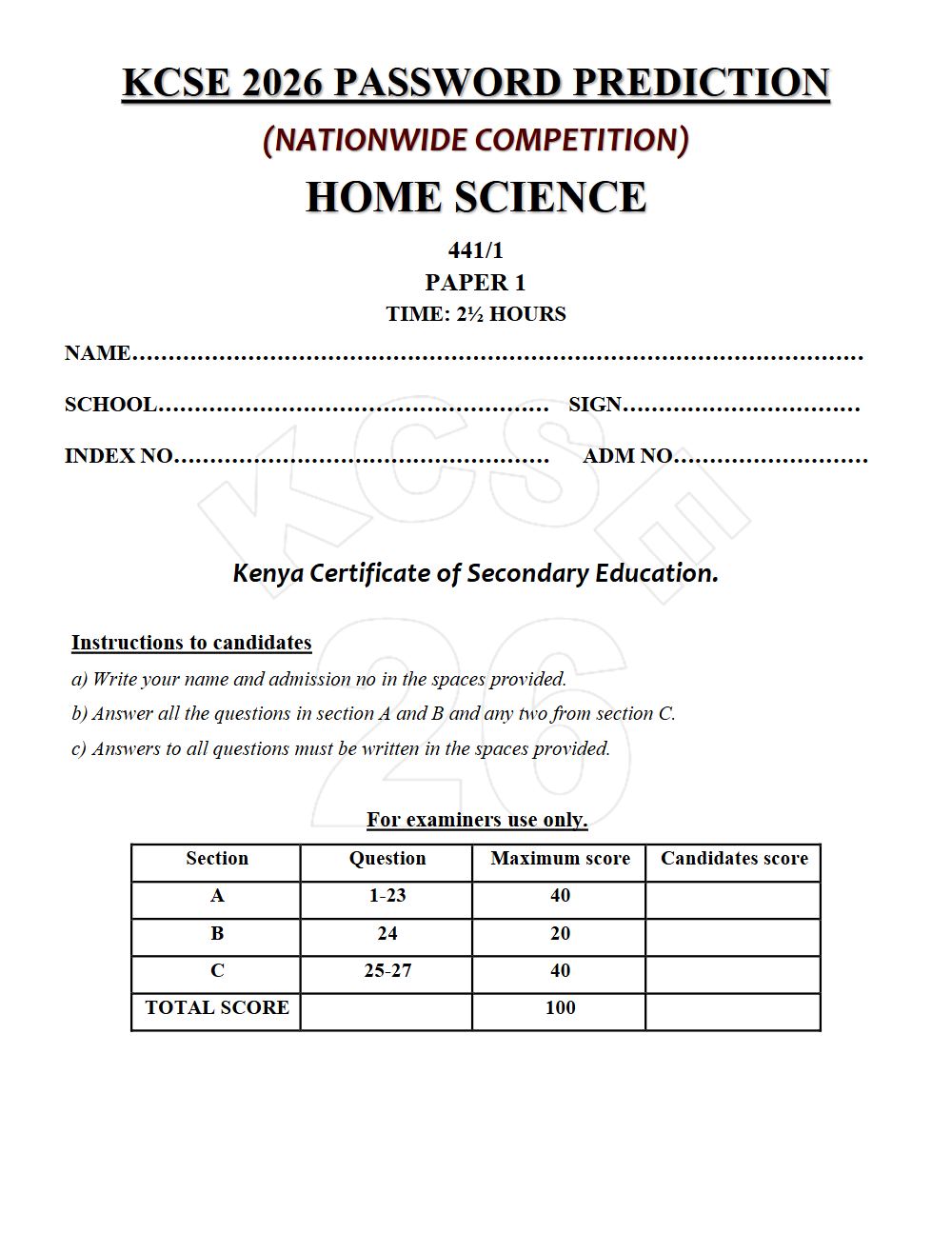 Preview of Form 4 KCSE Prediction Home Science Paper 1 Prediction Paper 2026