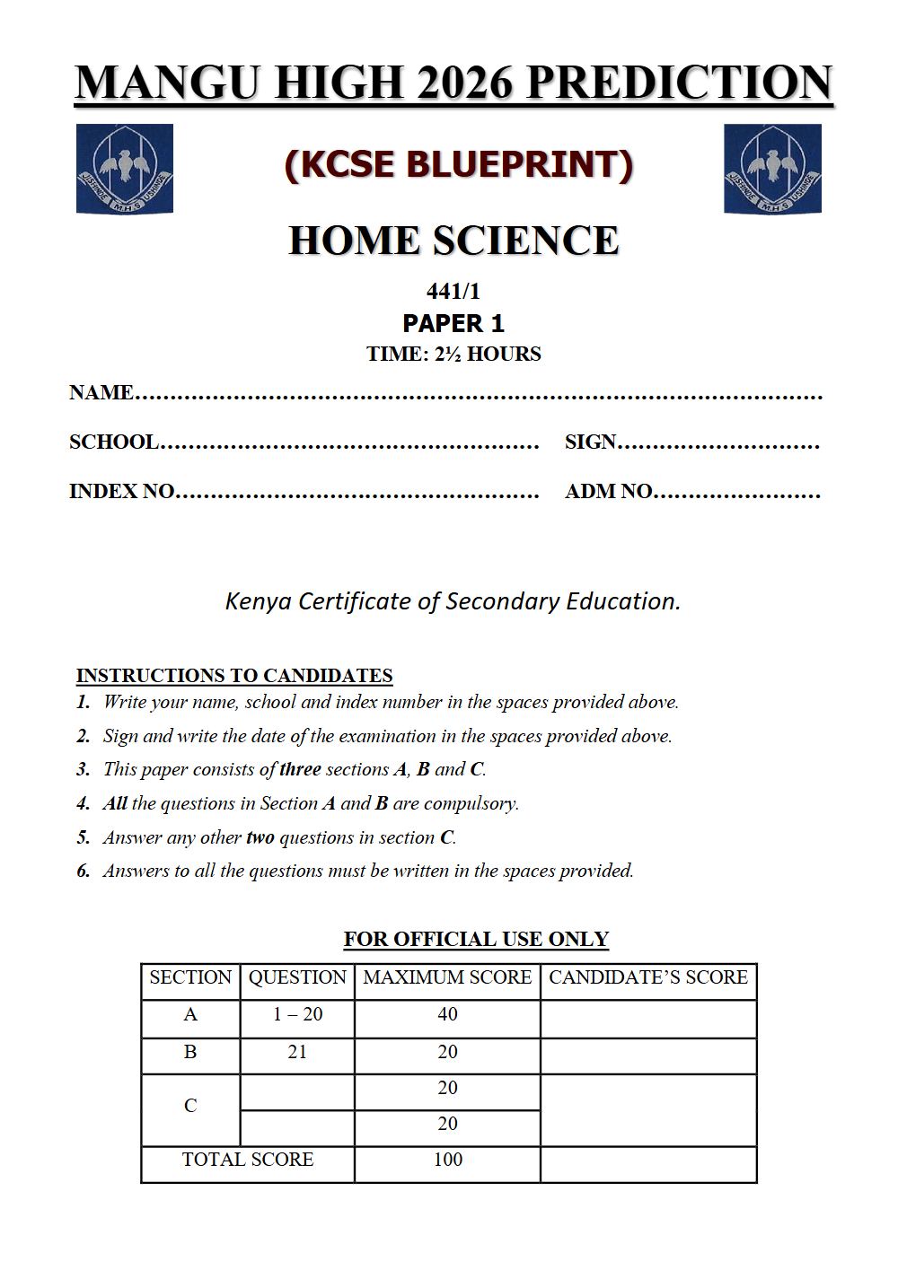Preview of Form 4 KCSE Prediction Home Science Paper 1 Prediction Paper 2026