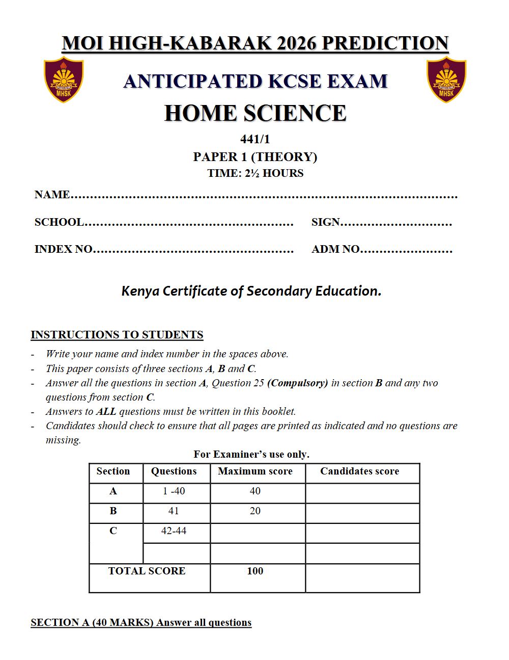 Thumbnail preview of Form 4 Home Science Paper 1 KCSE Prediction 2026_25