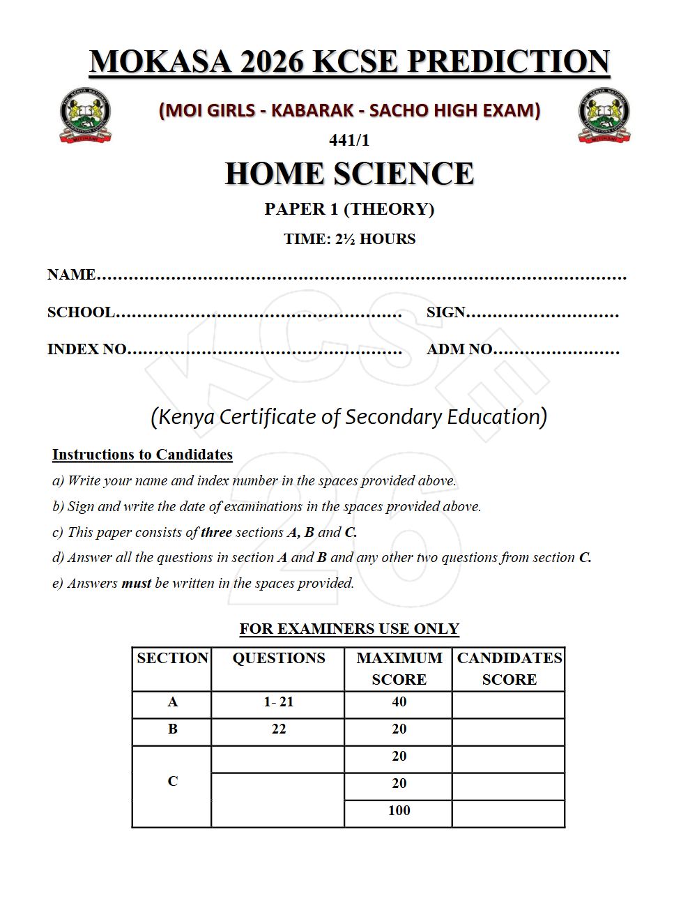 Thumbnail preview of Form 4 Home Science Paper 1 KCSE Prediction 2026_26