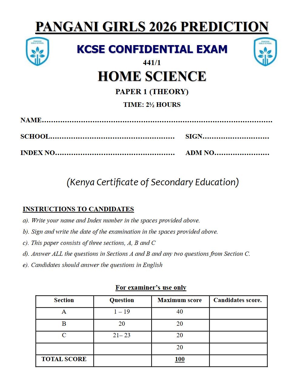 Thumbnail preview of Form 4 Home Science Paper 1 KCSE Prediction 2026_29