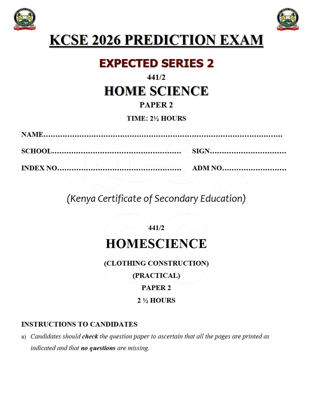 Preview of Form 4 KCSE Prediction Home Science Paper 2 Prediction Paper 2026