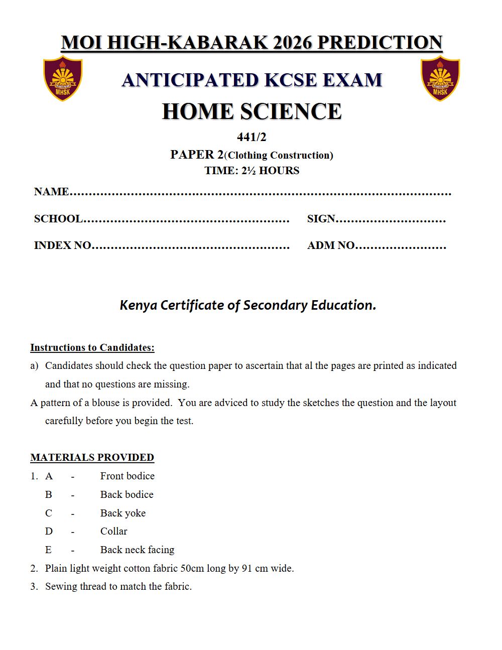 Thumbnail preview of Form 4 Home Science Paper 2 KCSE Prediction 2026_25