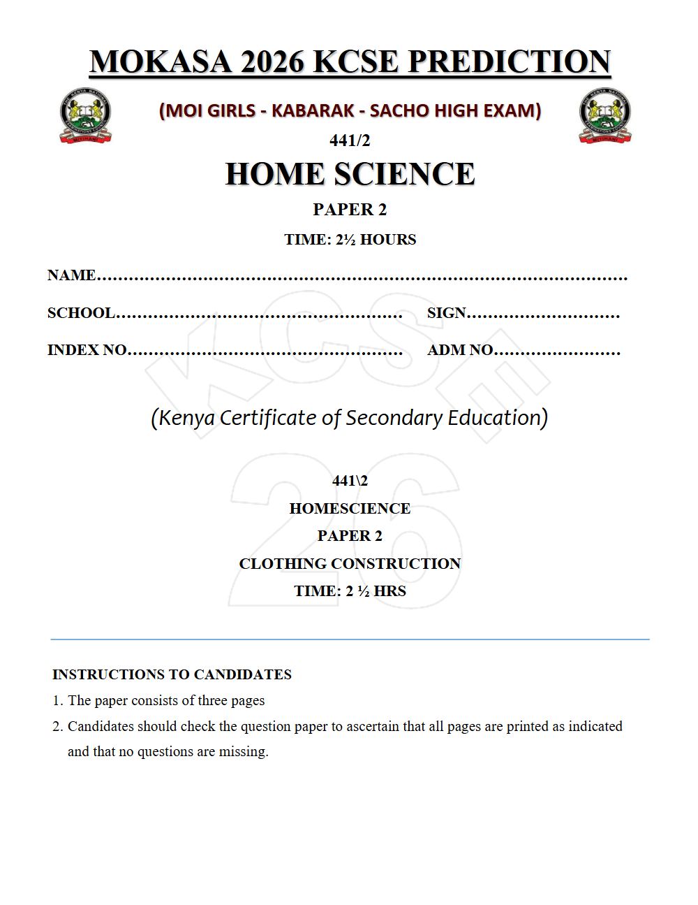 Thumbnail preview of Form 4 Home Science Paper 2 KCSE Prediction 2026_26