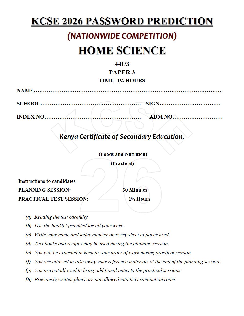 Preview of Form 4 KCSE Prediction Home Science Paper 3 Prediction Paper 2026