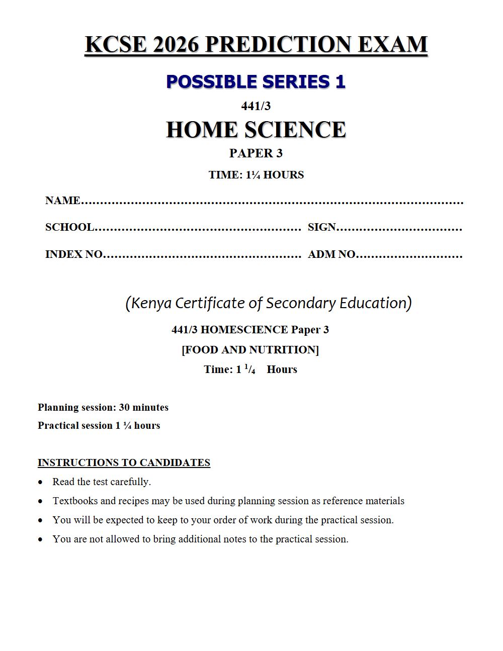 Preview of Form 4 KCSE Prediction Home Science Paper 3 Prediction Paper 2026