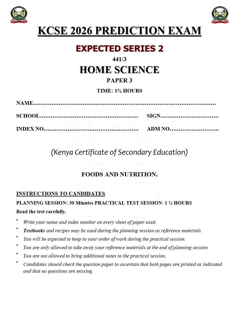 Preview of Form 4 KCSE Prediction Home Science Paper 3 Prediction Paper 2026