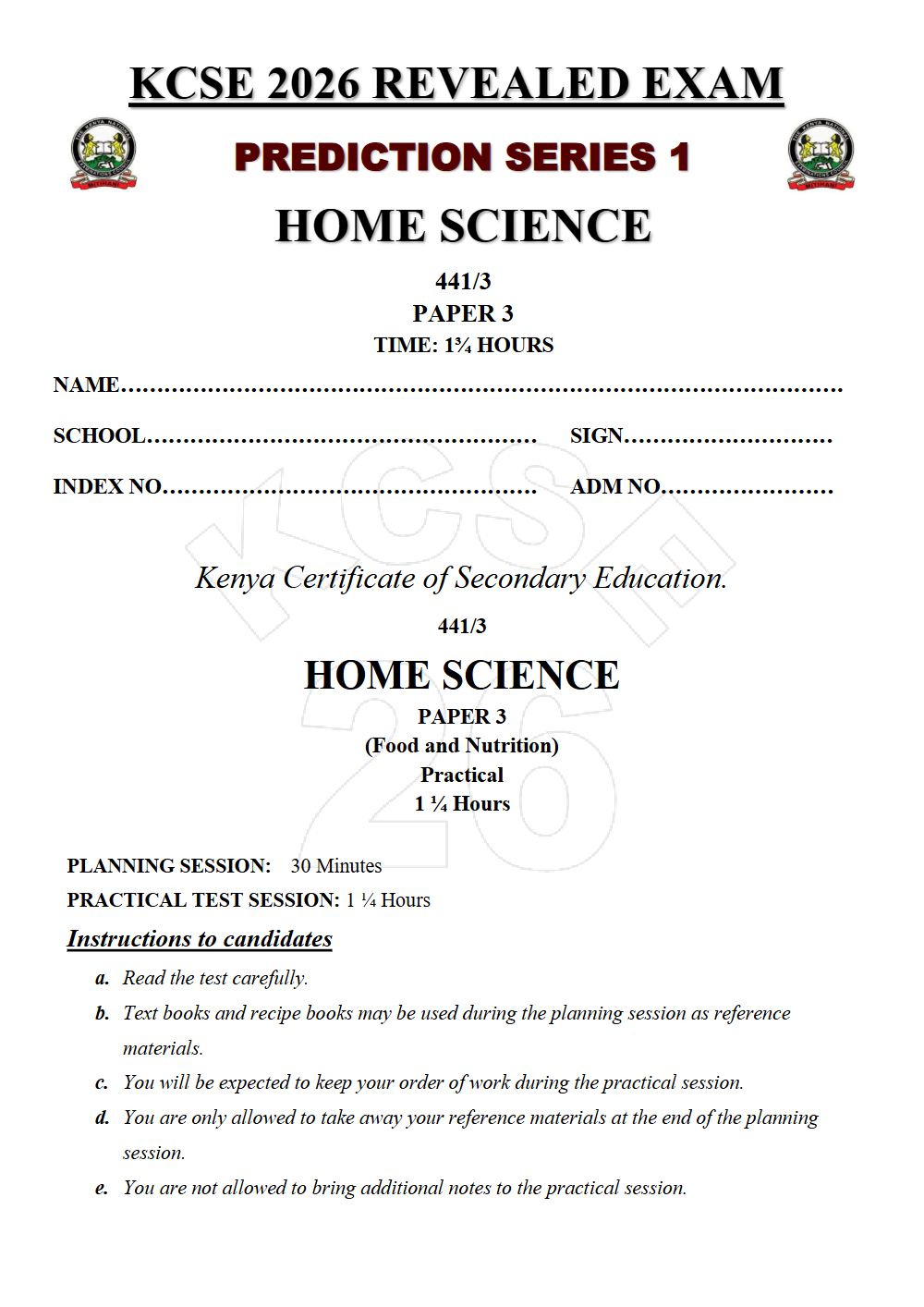 Preview of Form 4 KCSE Prediction Home Science Paper 3 Prediction Paper 2026