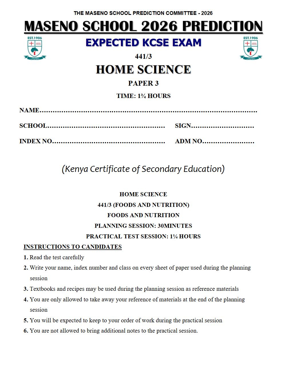 Thumbnail preview of Form 4 Home Science Paper 3 KCSE Prediction 2026_23