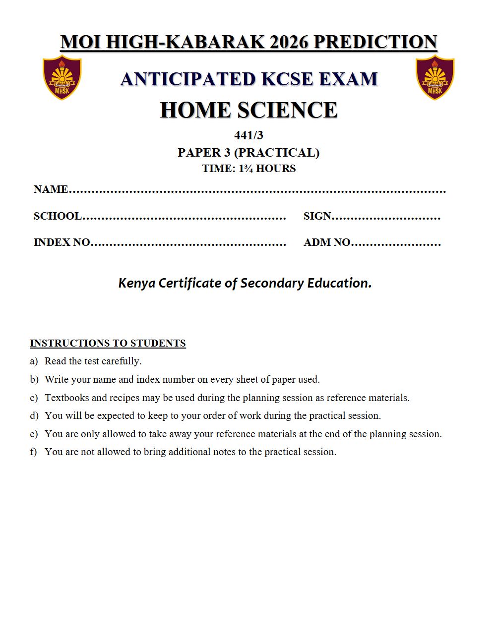 Thumbnail preview of Form 4 Home Science Paper 3 KCSE Prediction 2026_25