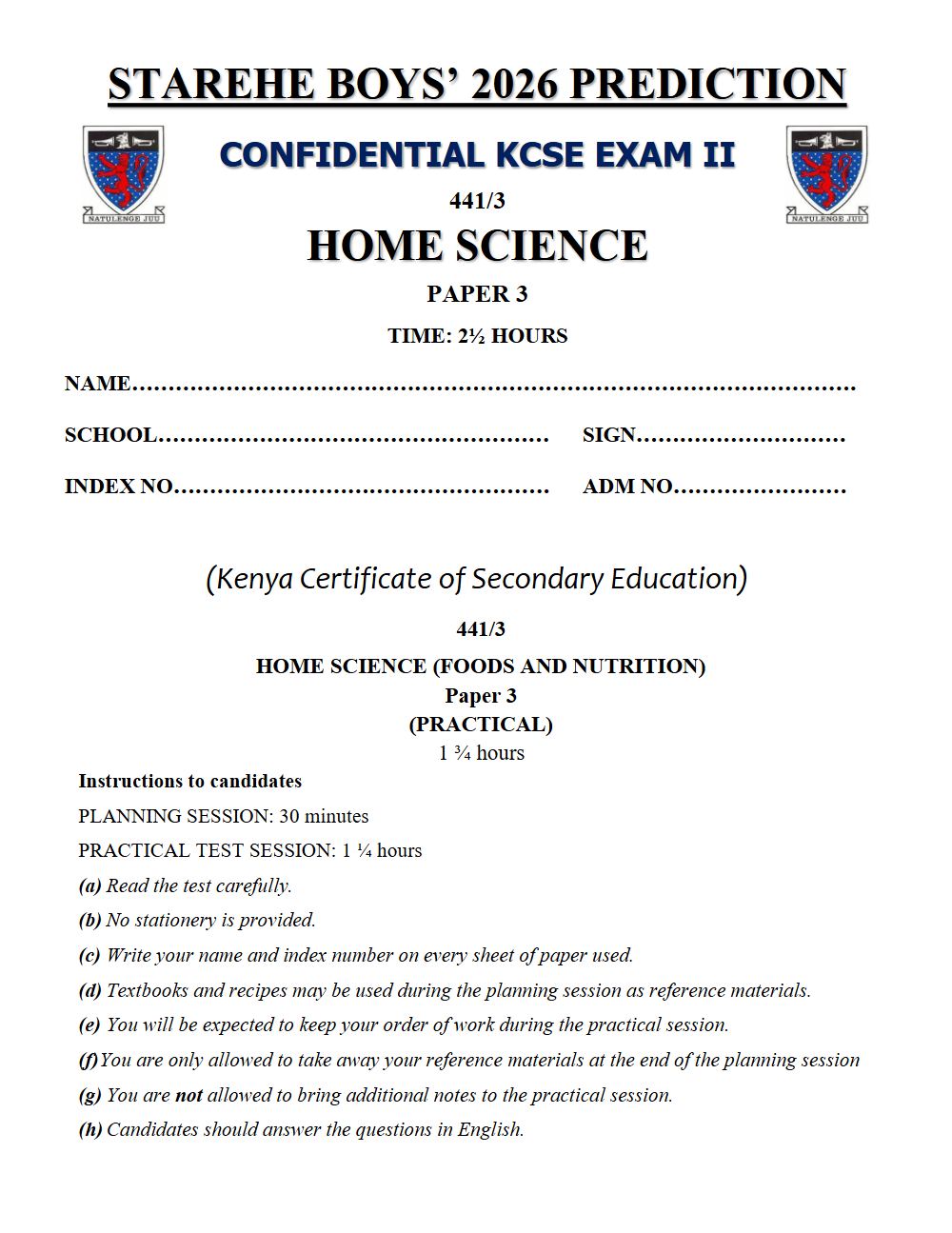 Thumbnail preview of Form 4 Home Science Paper 3 KCSE Prediction 2026_30