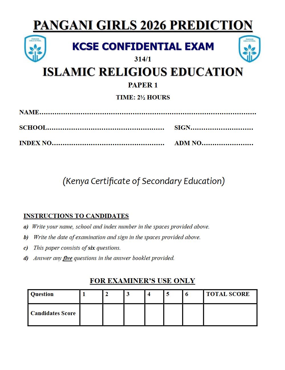 Preview of Form 4 KCSE Prediction Islamic Religious Education (IRE) Paper 1 Prediction Paper 2026