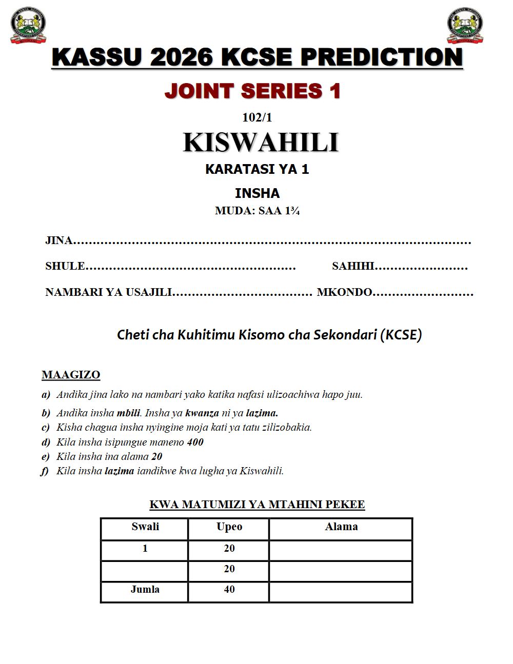 Preview of Form 4 KCSE Prediction Kiswahili Paper 1 Prediction Paper 2026