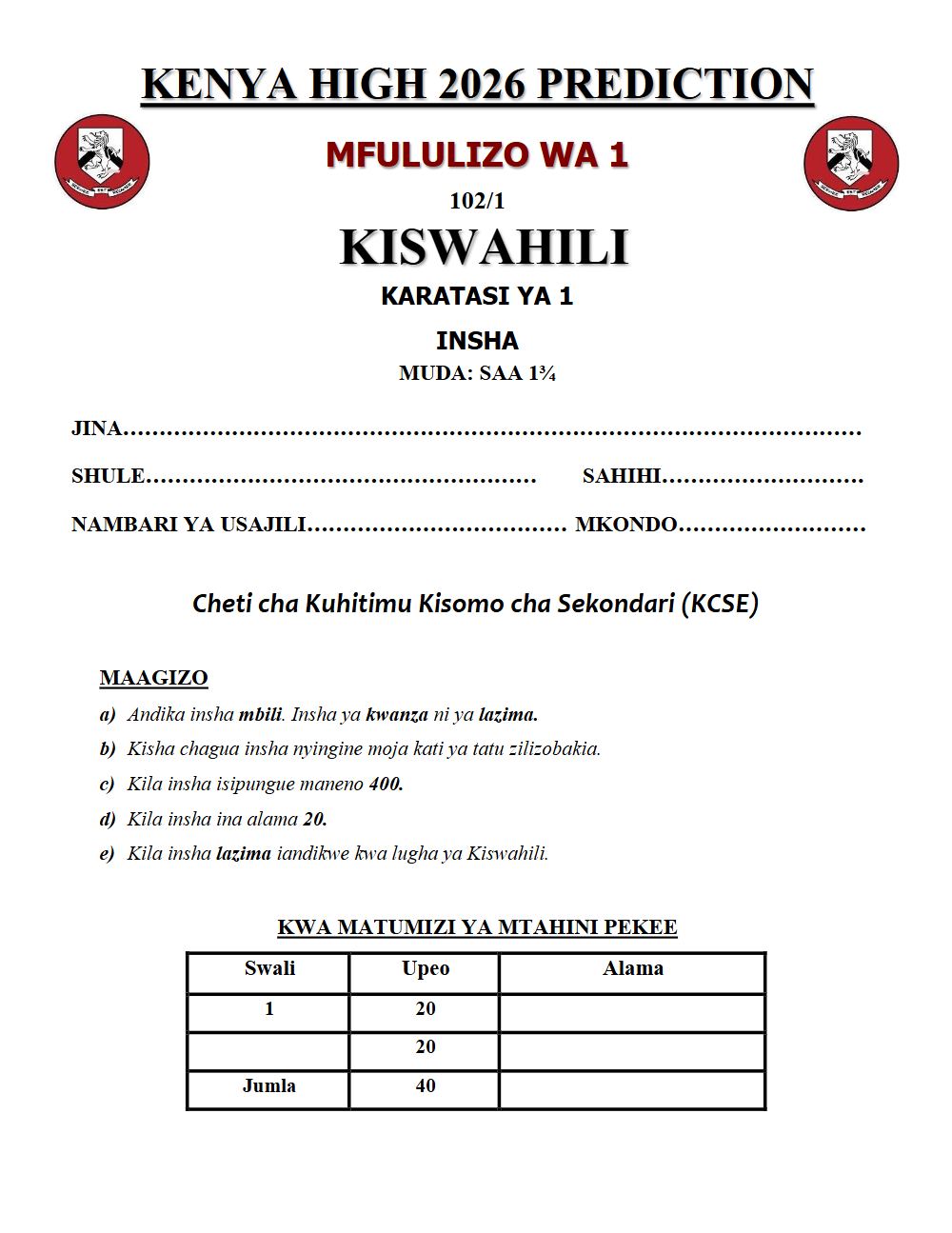 Preview of Form 4 KCSE Prediction Kiswahili Paper 1 Prediction Paper 2026
