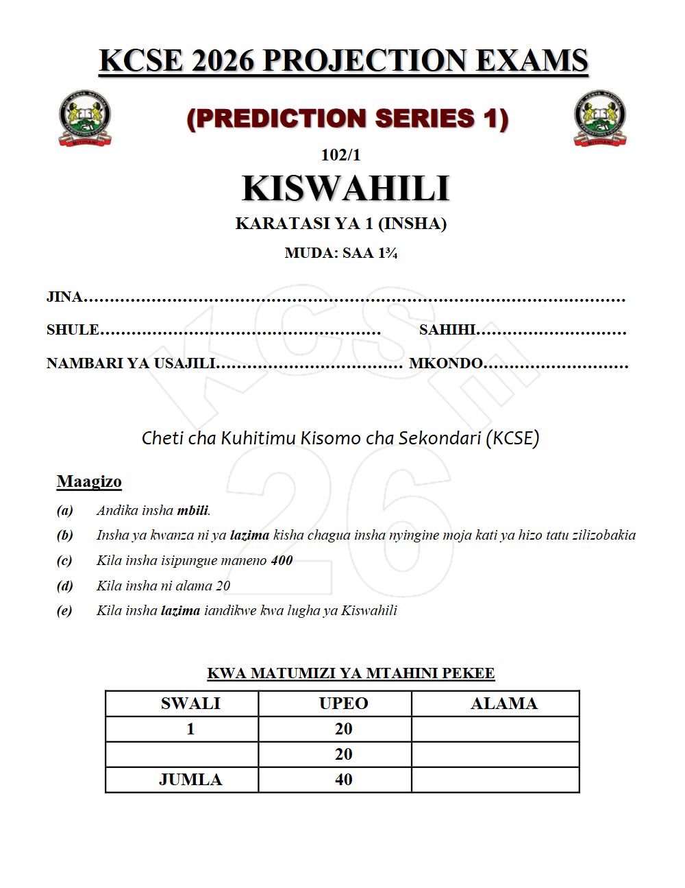 Preview of Form 4 KCSE Prediction Kiswahili Paper 1 Prediction Paper 2026
