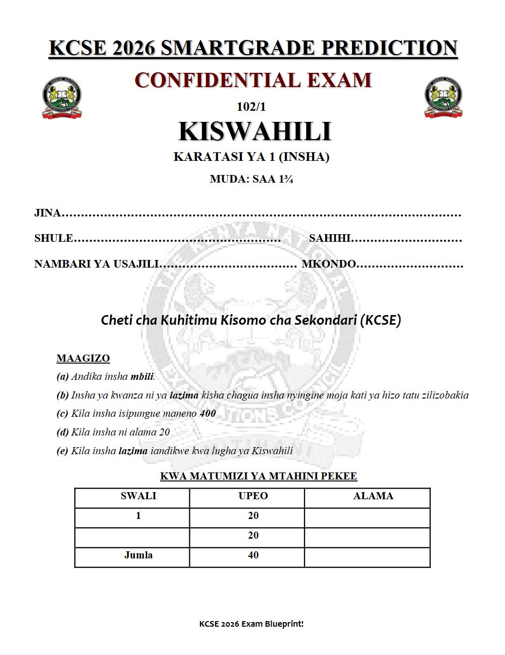 Preview of Form 4 KCSE Prediction Kiswahili Paper 1 Prediction Paper 2026