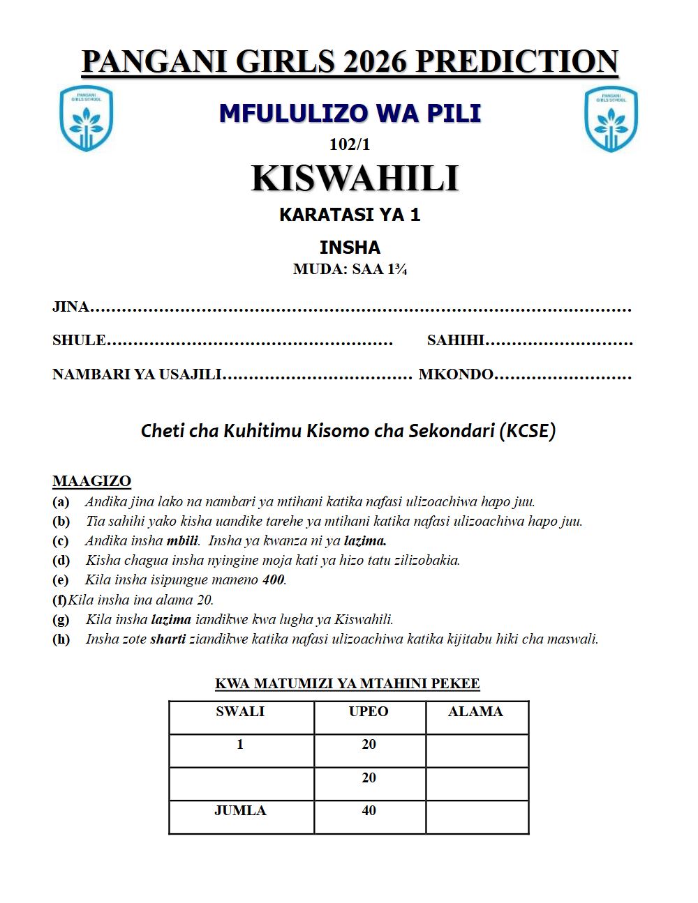 Thumbnail preview of Form 4 Kiswahili Paper 1 KCSE Prediction 2026_29