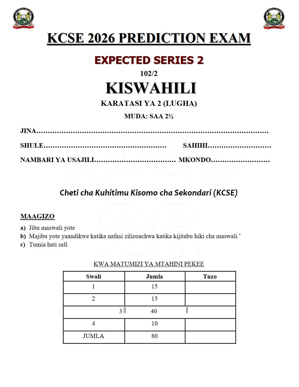 Preview of Form 4 KCSE Prediction Kiswahili Paper 2 Prediction Paper 2026