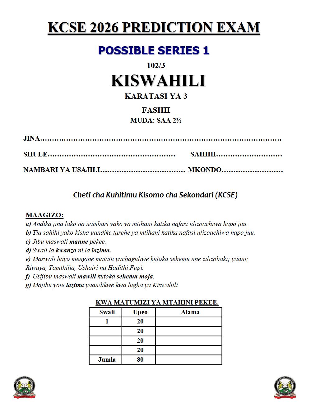 Preview of Form 4 KCSE Prediction Kiswahili Paper 3 Prediction Paper 2026