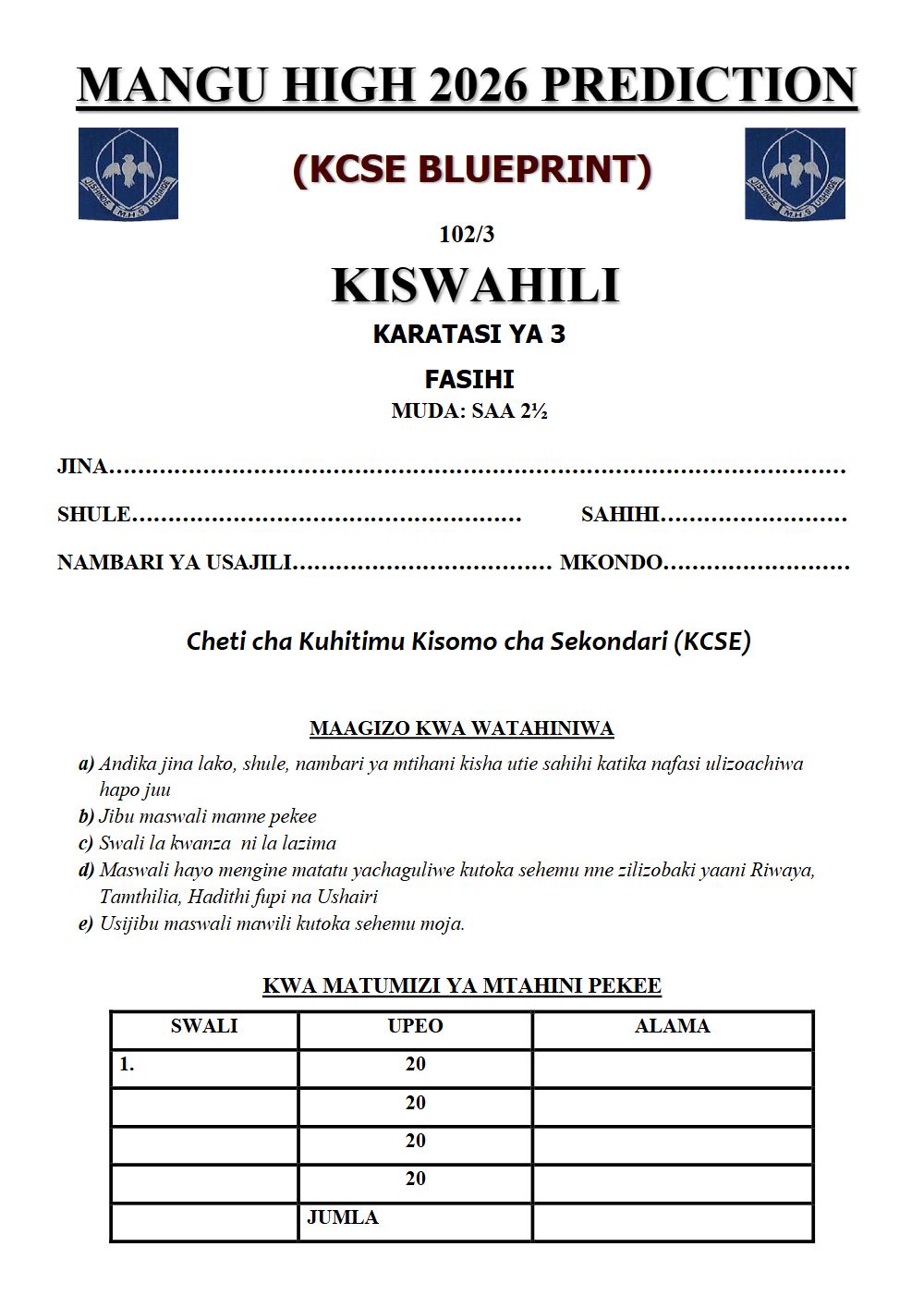 Preview of Form 4 KCSE Prediction Kiswahili Paper 3 Prediction Paper 2026