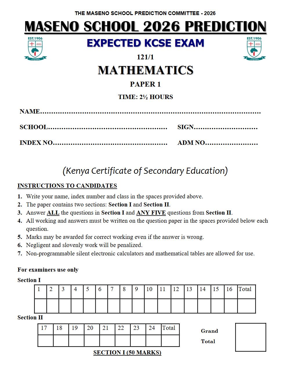 Thumbnail preview of Form 4 Mathematics Paper 1 KCSE Prediction 2026_23
