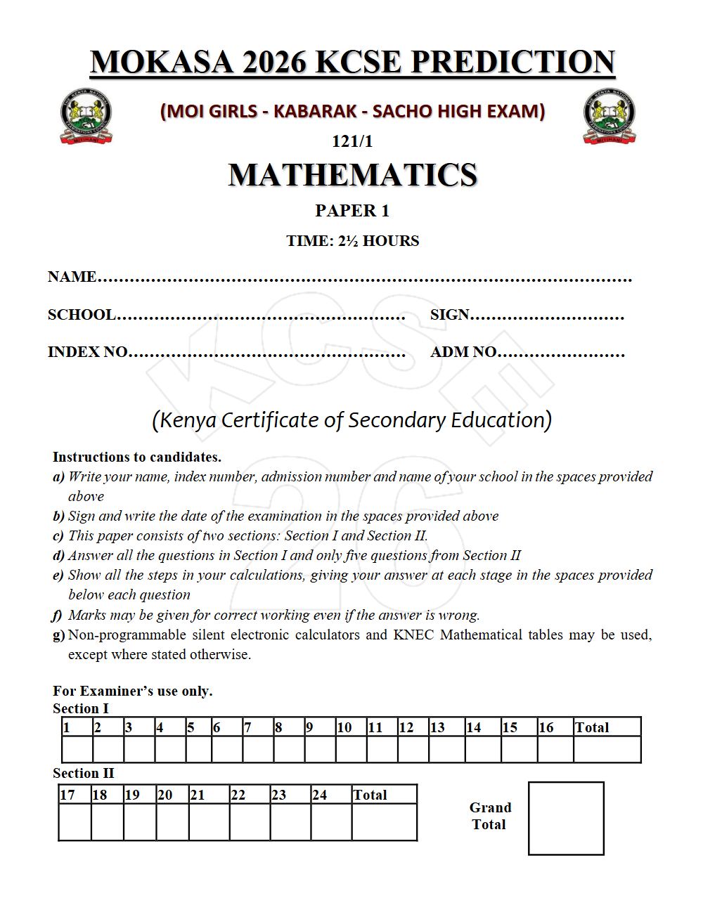 Thumbnail preview of Form 4 Mathematics Paper 1 KCSE Prediction 2026_26