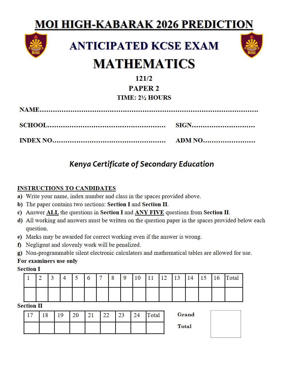 Thumbnail preview of Form 4 Mathematics Paper 2 KCSE Prediction 2026_25