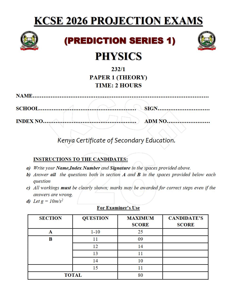 Preview of Form 4 KCSE Prediction Physics Paper 1 Prediction Paper 2026