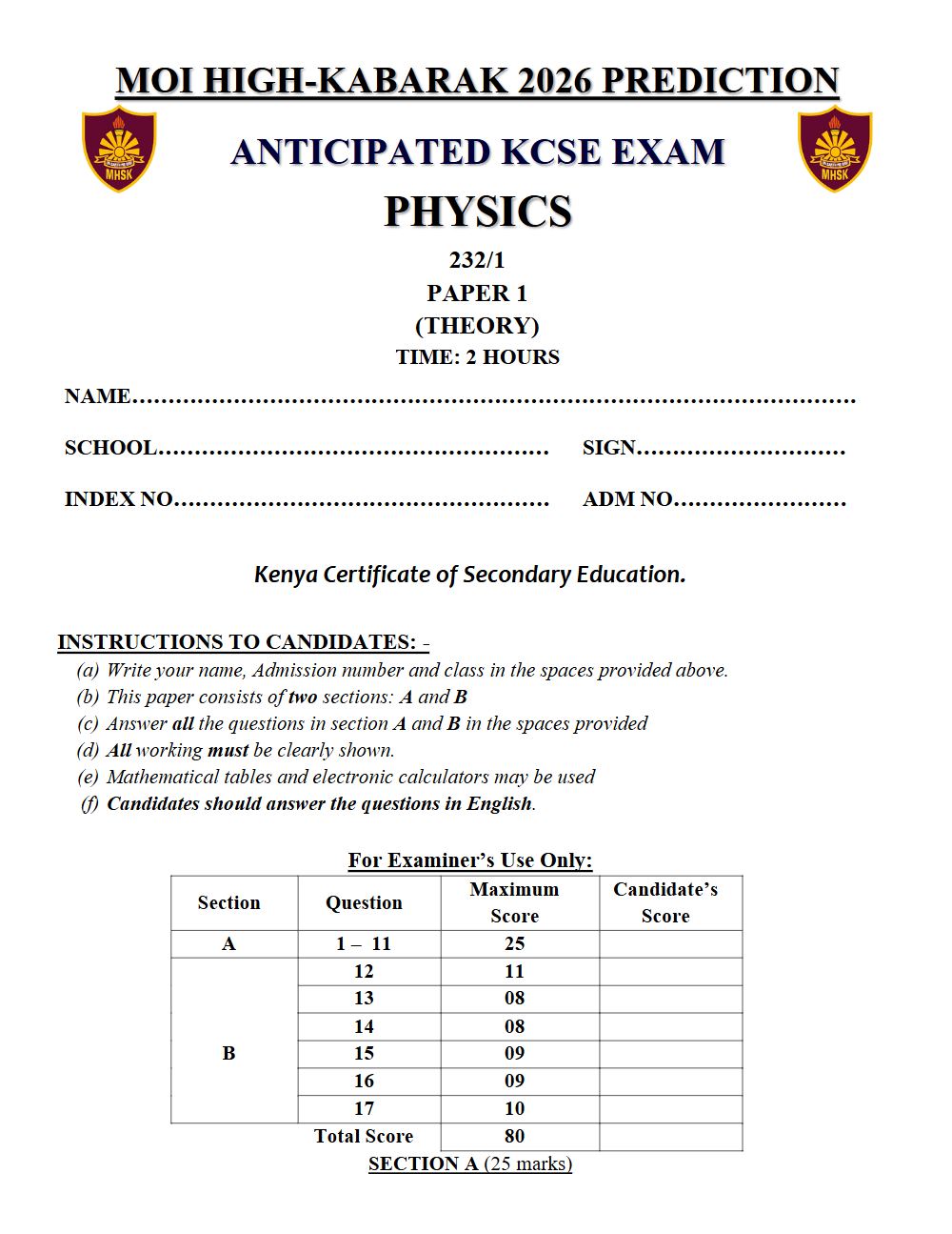 Thumbnail preview of Form 4 Physics Paper 1 KCSE Prediction 2026_25