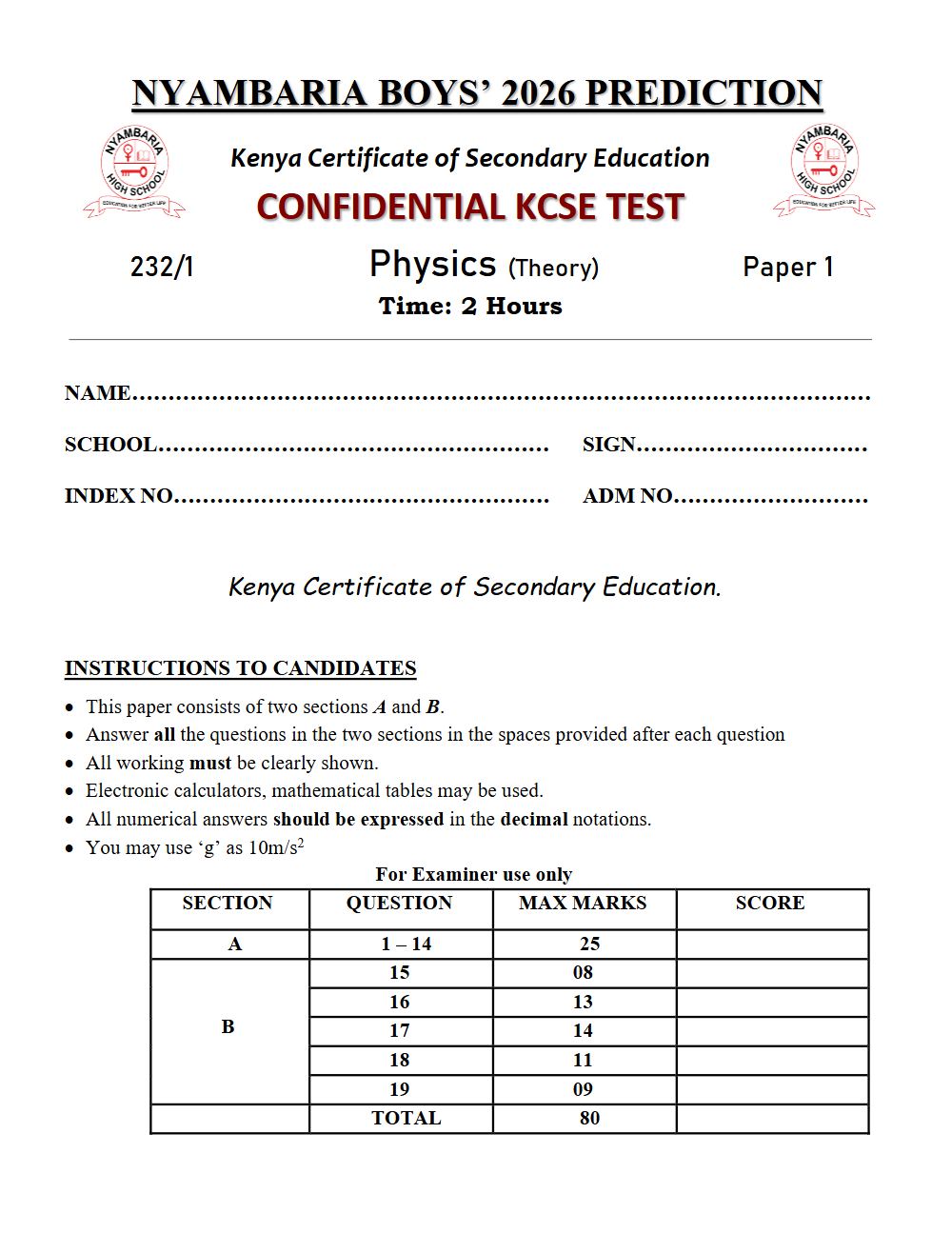 Thumbnail preview of Form 4 Physics Paper 1 KCSE Prediction 2026_28