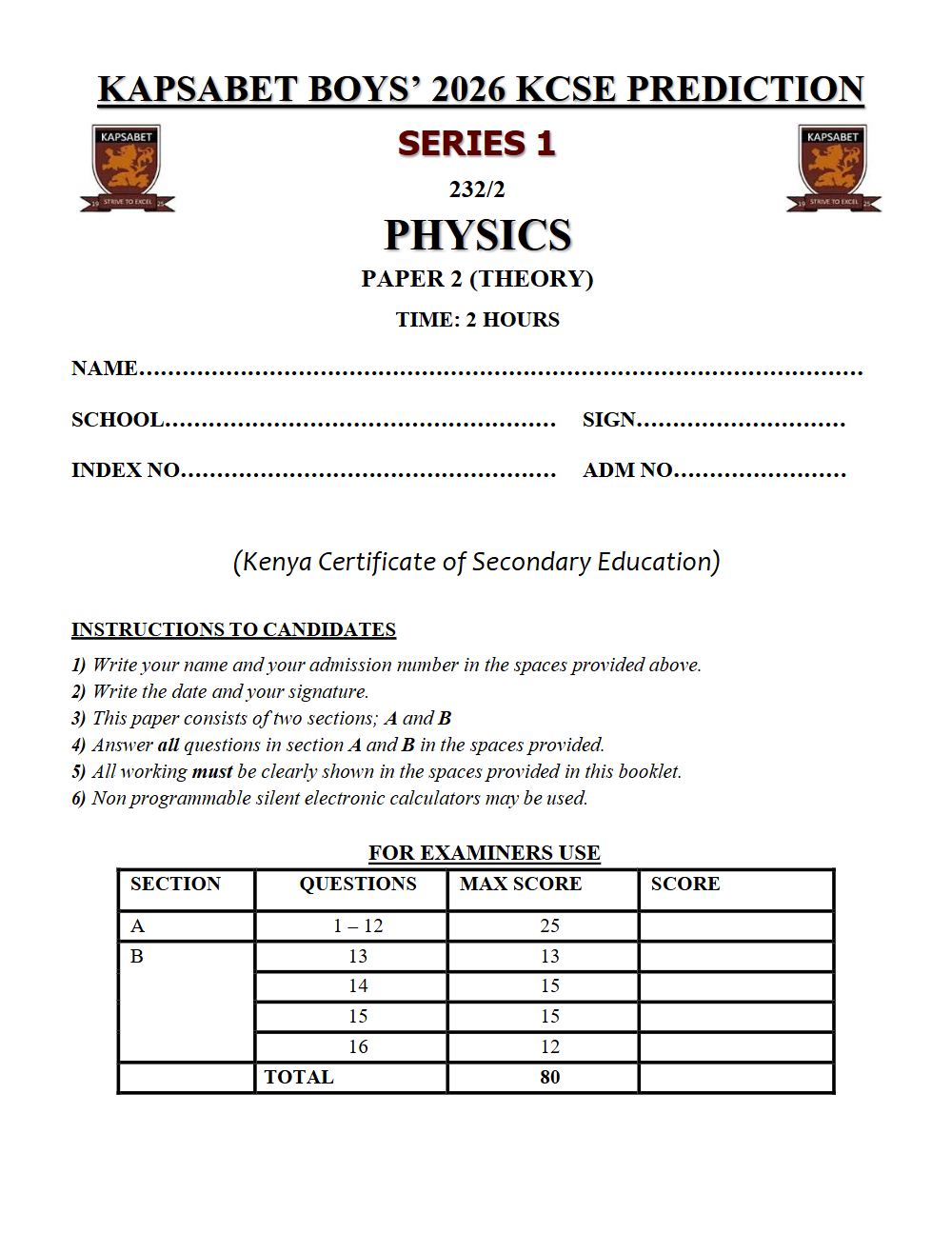 Preview of Form 4 KCSE Prediction Physics Paper 2 Prediction Paper 2026