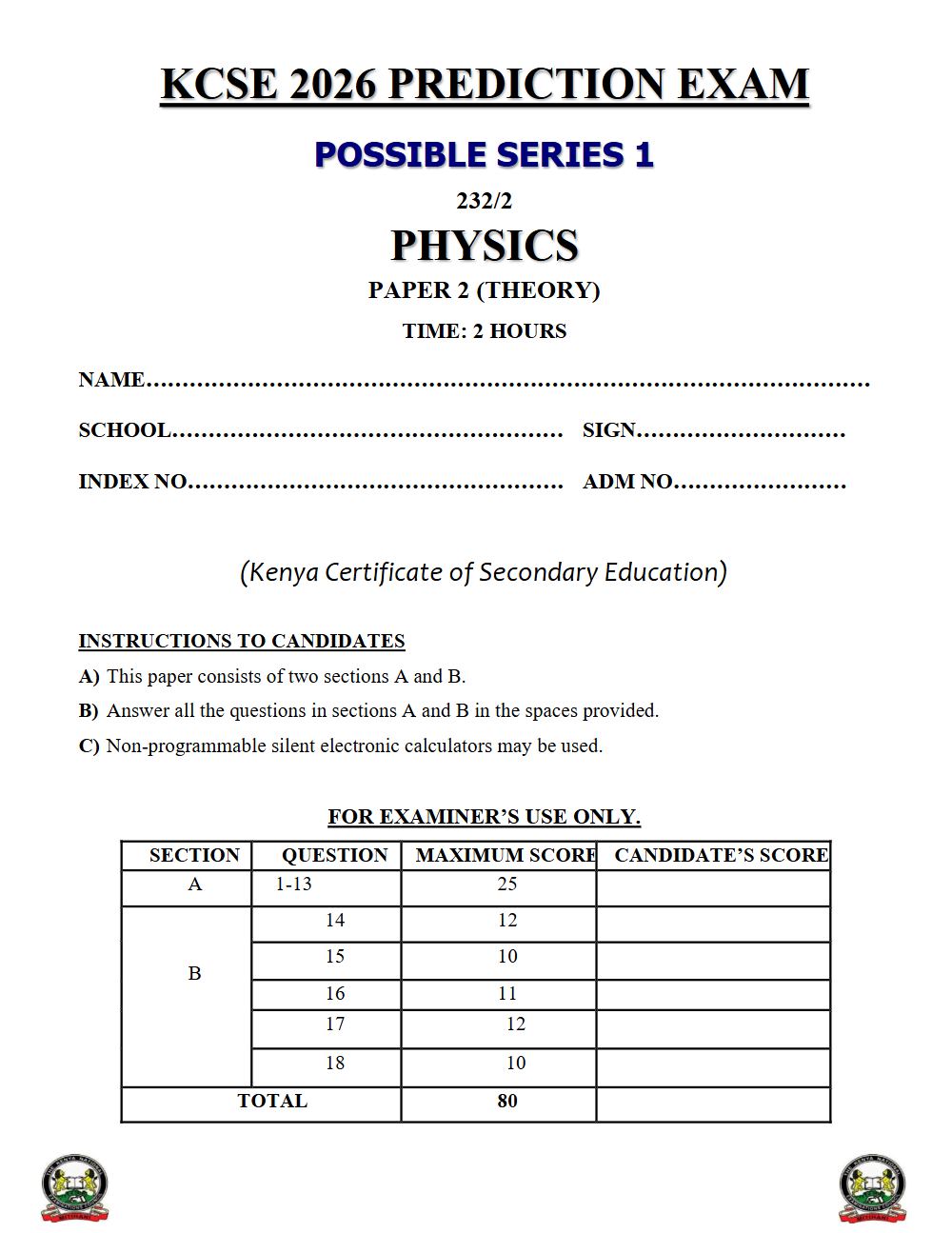 Preview of Form 4 KCSE Prediction Physics Paper 2 Prediction Paper 2026