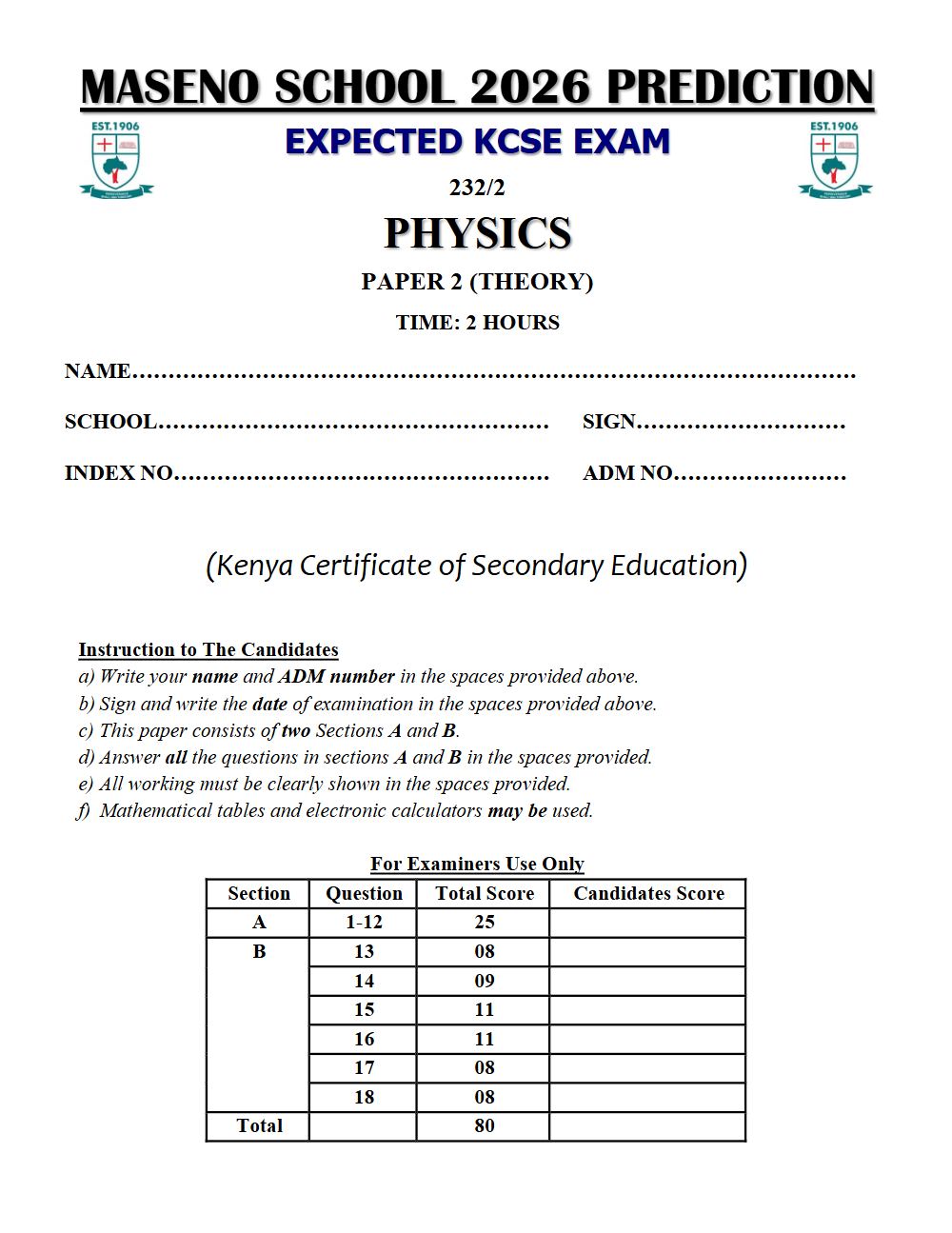 Thumbnail preview of Form 4 Physics Paper 2 KCSE Prediction 2026_23