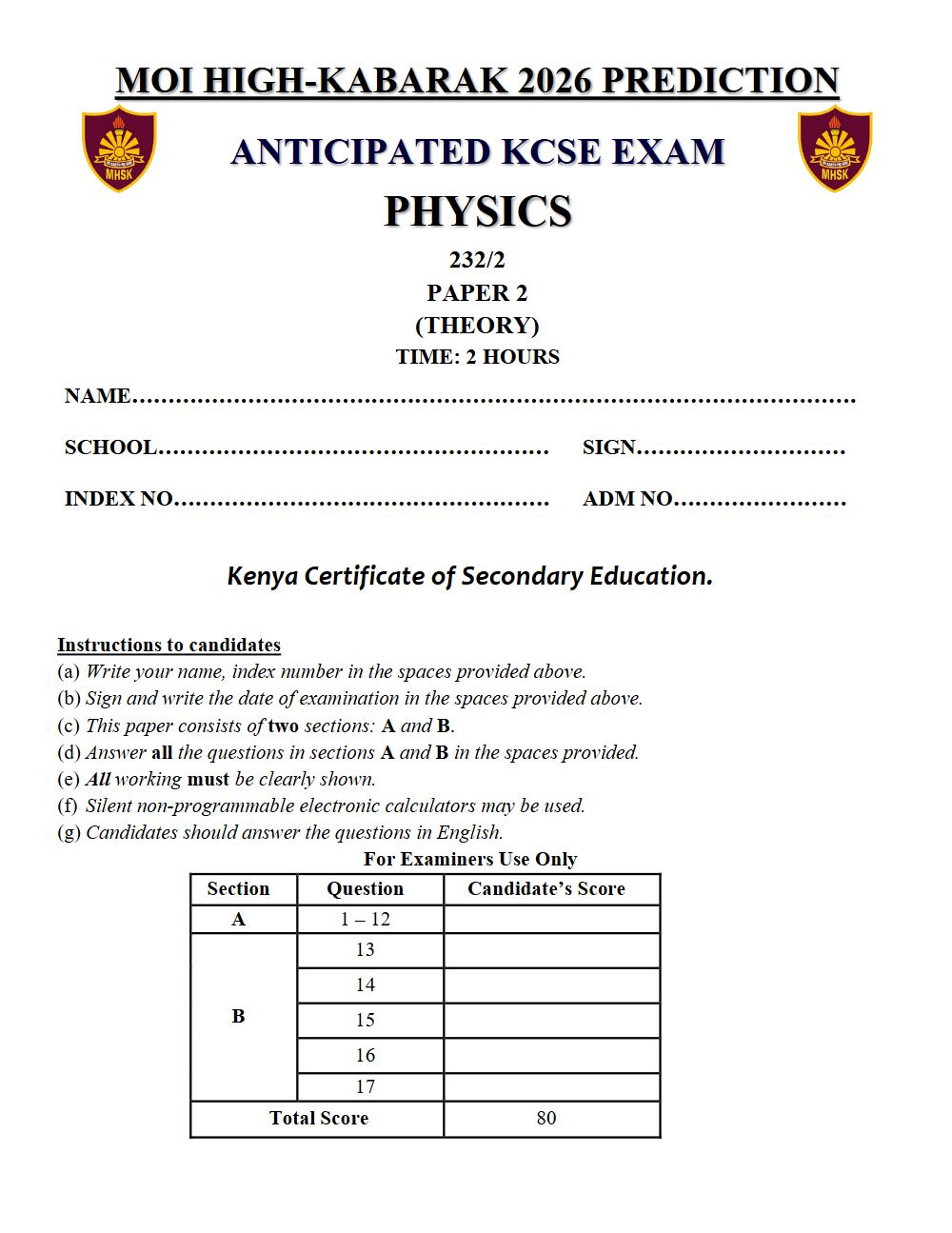 Thumbnail preview of Form 4 Physics Paper 2 KCSE Prediction 2026_25