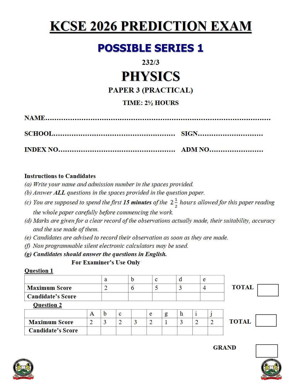 Preview of Form 4 KCSE Prediction Physics Paper 3 Prediction Paper 2026