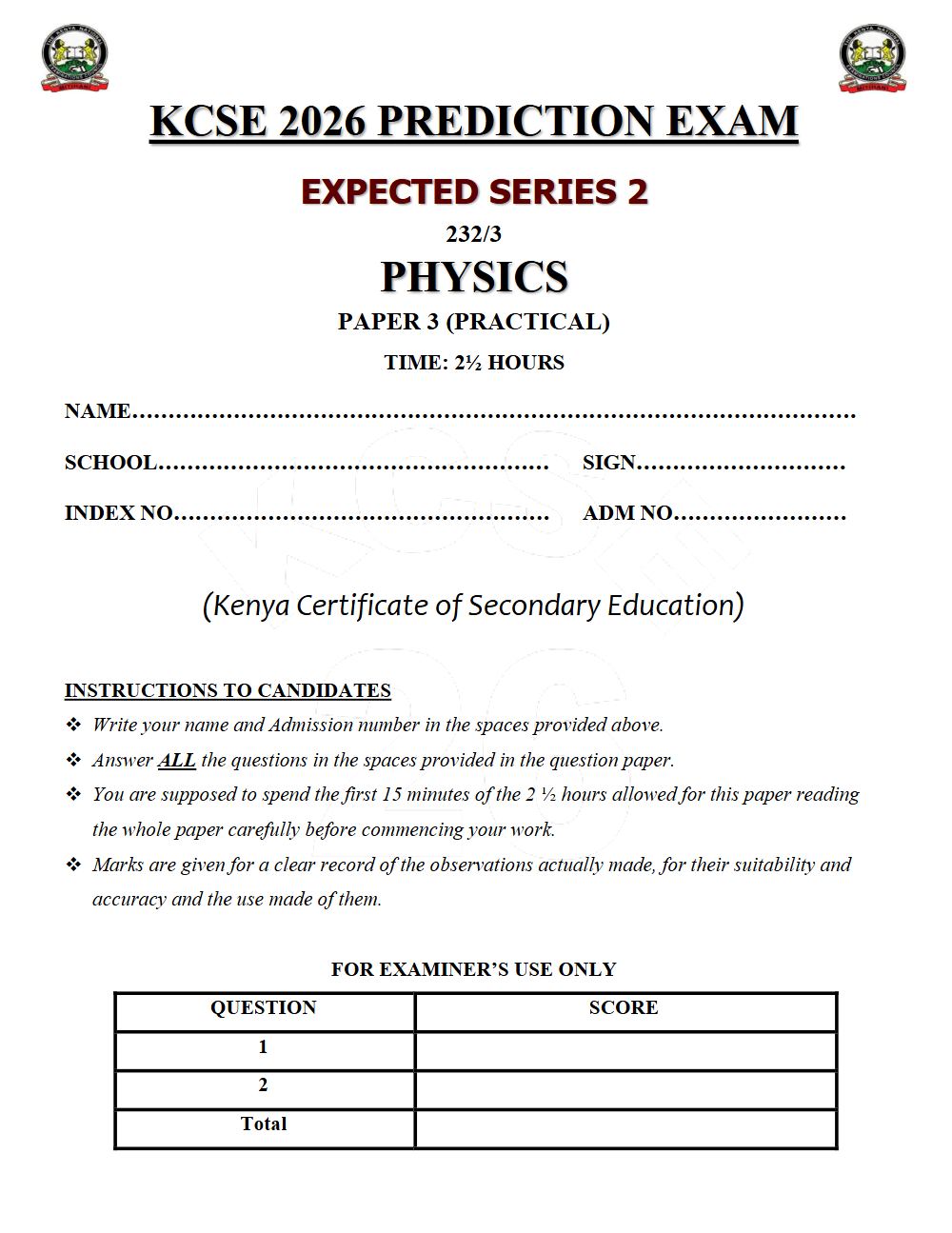 Preview of Form 4 KCSE Prediction Physics Paper 3 Prediction Paper 2026