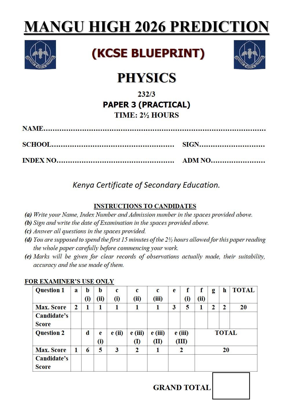 Preview of Form 4 KCSE Prediction Physics Paper 3 Prediction Paper 2026