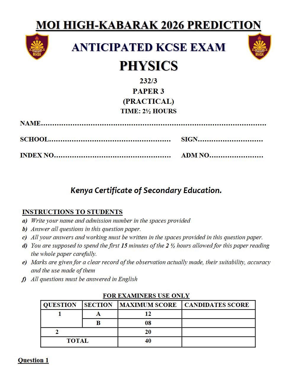 Thumbnail preview of Form 4 Physics Paper 3 KCSE Prediction 2026_25