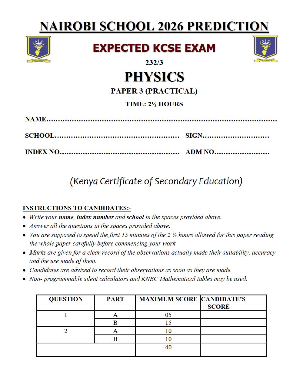 Thumbnail preview of Form 4 Physics Paper 3 KCSE Prediction 2026_27