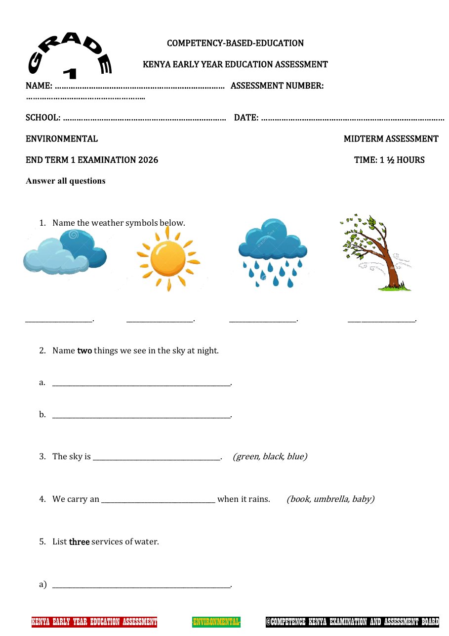 Thumbnail preview of Grade 1 Environmental Activities End Term Term 1 2026