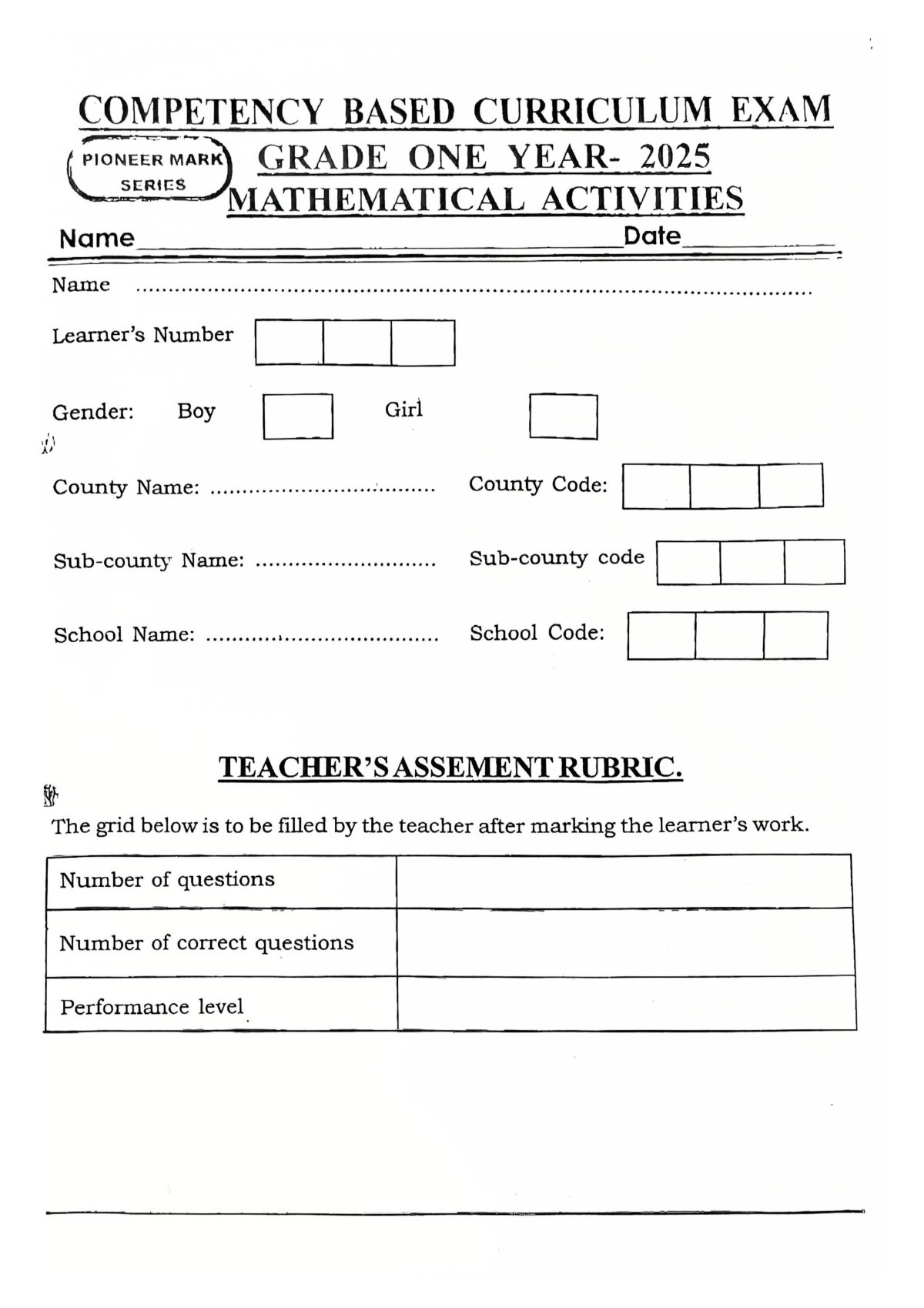 Thumbnail preview of Grade 1 Mathematics End Term Term 2 2025 (Set 4)