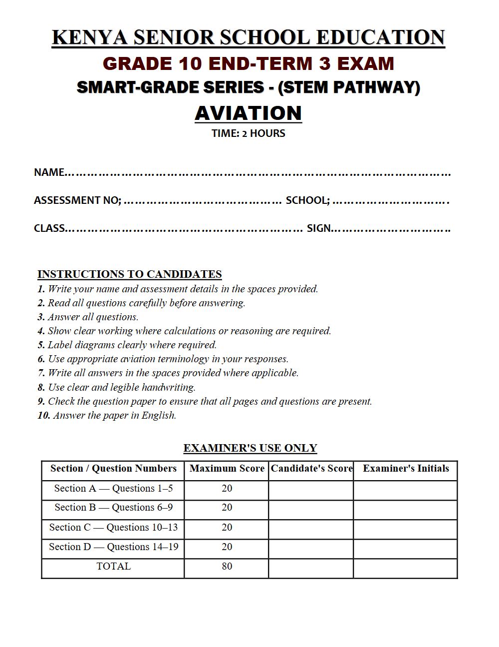 Thumbnail preview of Grade 10 Aviation End Term 3 2026 Exam 7