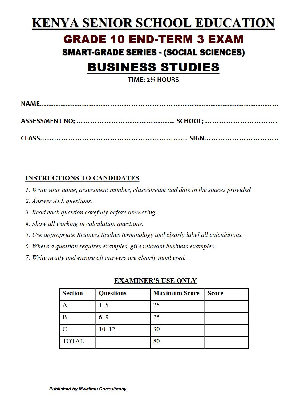 Thumbnail preview of Grade 10 Business Studies End Term 3 2026 Exam 7