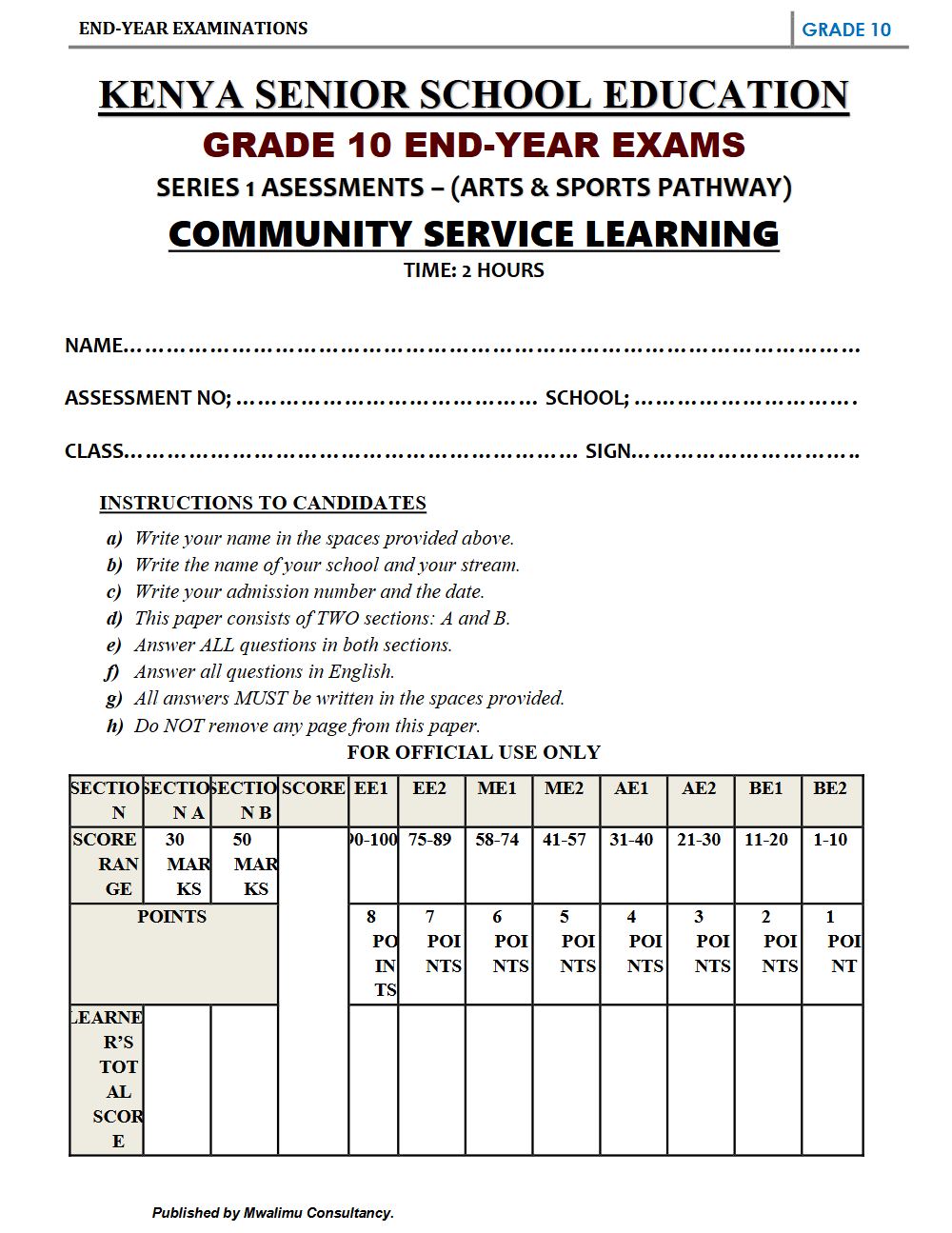 Preview of Grade 10 Community Service Learning Term 3 End-Term Exam 2026