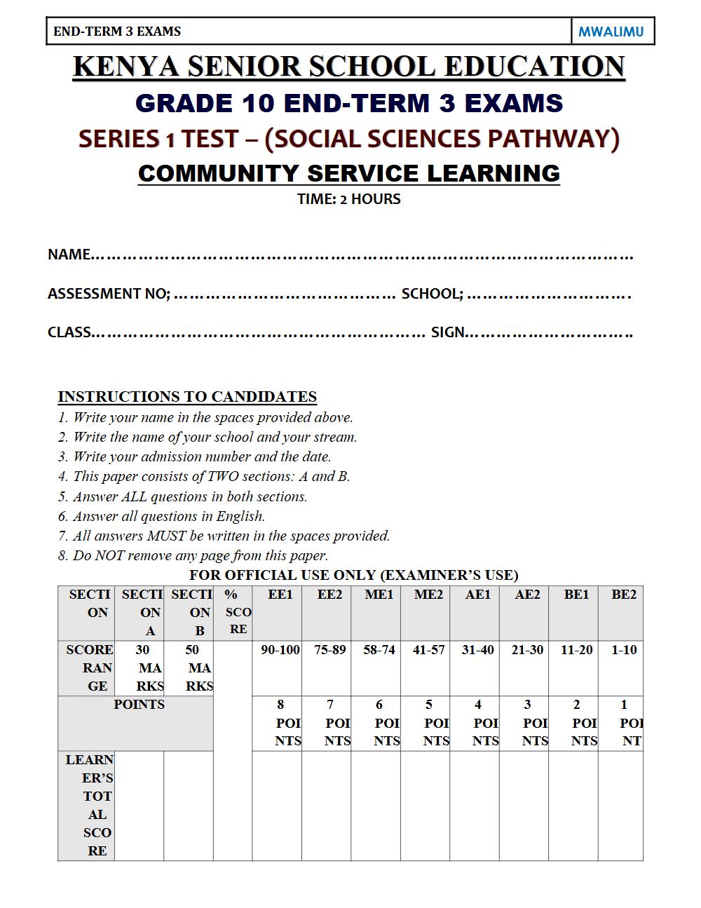 Thumbnail preview of Grade 10 Community Service Learning Paper 1 End Term 3 2026 Exam 6