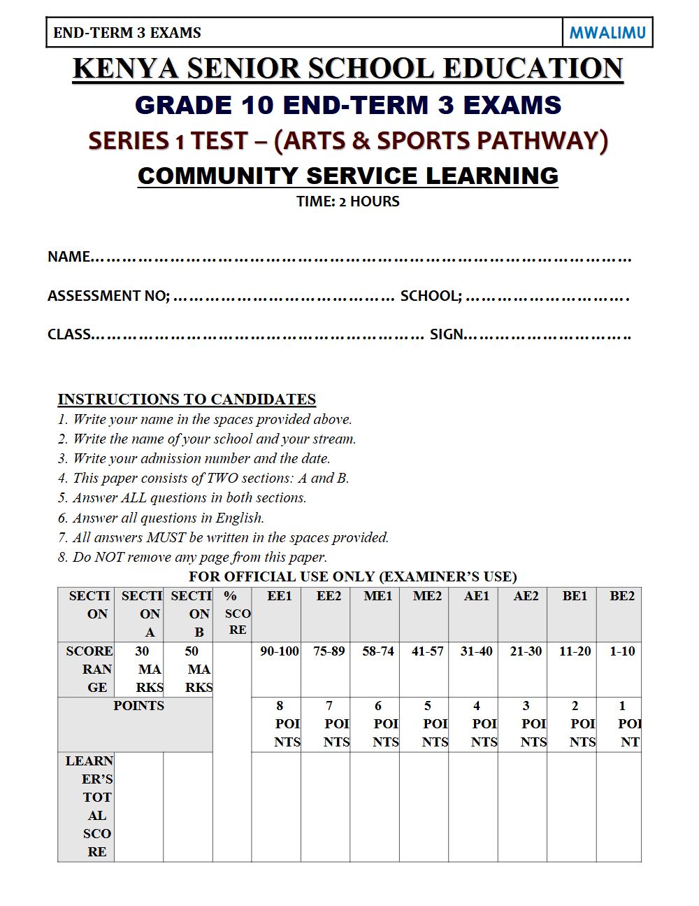 Preview of Grade 10 Community Service Learning Term 3 End-Term Paper 2 Exam 2026