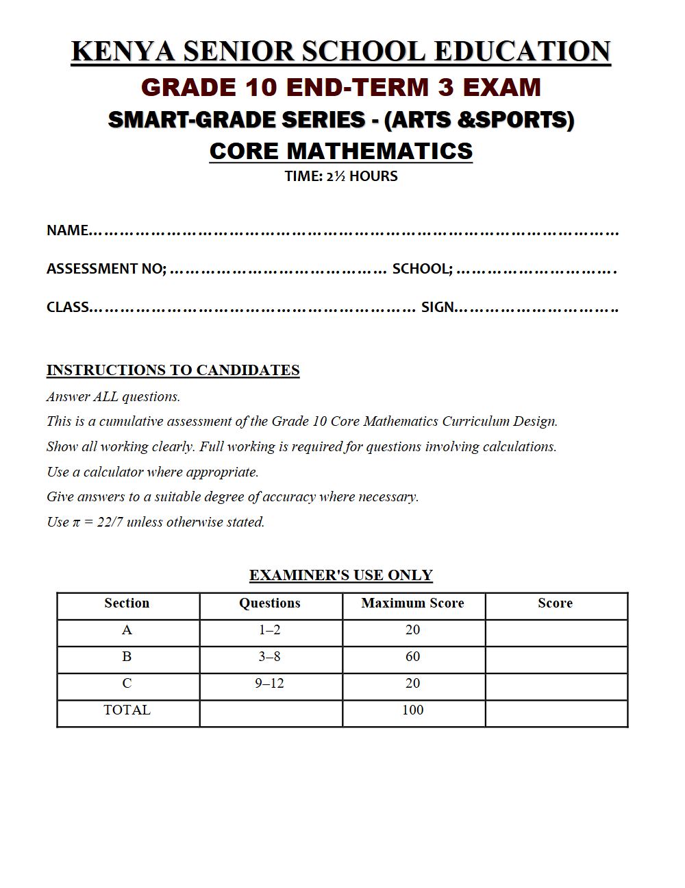 Thumbnail preview of Grade 10 Core Mathematics Paper 2 End Term 3 2026 Exam 7