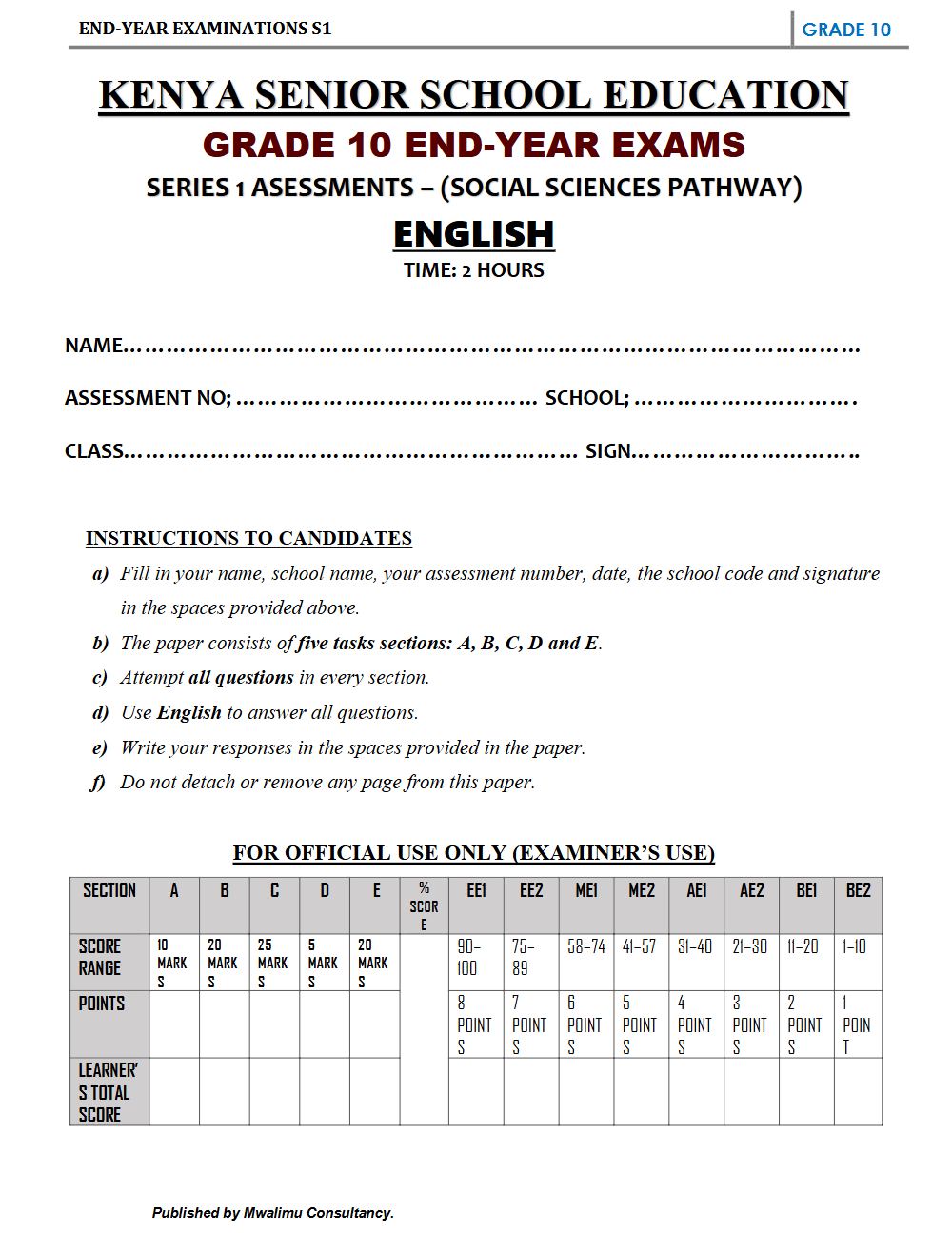 Preview of Grade 10 English End Term Exam 2026